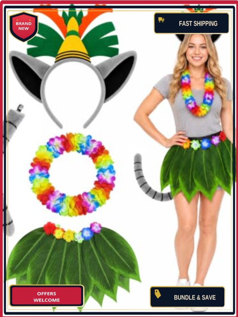 Tropical Animal Costume Accessory Set Plush Ear Headband Tail Lei Leaf Skirt